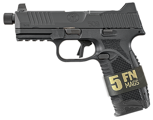 FN 66101650 509T Bundle Full Size Frame 9mm Luger 10+1 4.50" Black Steel Threaded Barrel, Black Optic Ready/Serrated Stainless Steel Slide, Black Polymer Frame w/Picatinny Rail 5 Magazines/Case