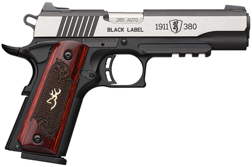 Browning 051971492 1911 Black Label Medallion Pro 380 ACP 8+1 4.25" Target Crown Barrel, Blackened w/Silver Polished Flats Serrated SS Slide, Matte Black Polymer Frame w/Beavertail & Picatinny Rail