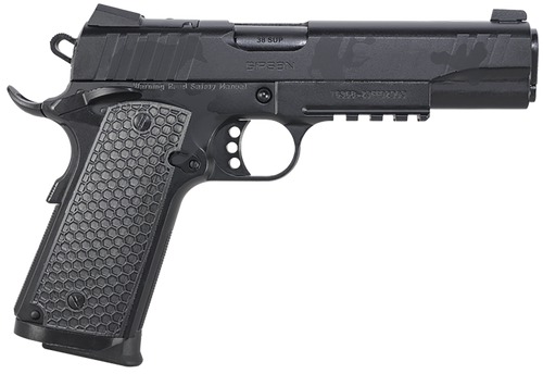 Girsan 391159 MC1911 S Influencer Full Size 38 Super 9+1 5" Black Steel Barrel, Black Camo Optic Ready/Serrated Steel Slide & Frame w/Picatinny Rail & Beavertail, Black Polymer Grip