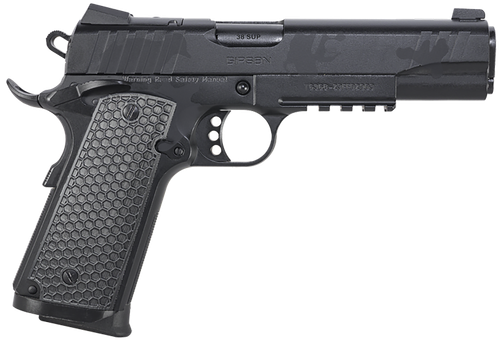 Girsan 391159 MC1911 S Influencer Full Size 38 Super 9+1 5" Black Steel Barrel, Black Camo Optic Ready/Serrated Steel Slide & Frame w/Picatinny Rail & Beavertail, Black Polymer Grip