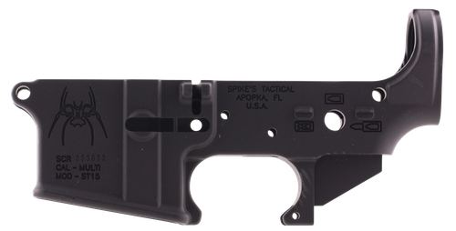 Spikes STLS019 Spider Stripped Lower Receiver with Billet Markings Multi-Caliber 7075-T6 Aluminum Black Anodized for AR-15