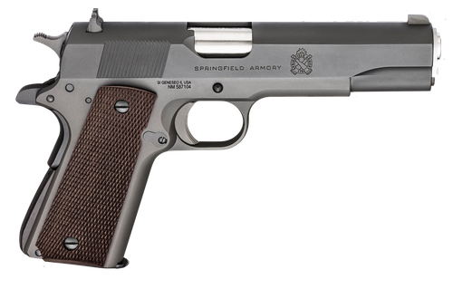 Springfield Armory PBD9108L 1911 Mil-Spec Defender Legacy 45 ACP 7+1 5" Satin Stainless Match Grade Barrel, Black Parkerized Serrated Carbon Steel Slide & Frame w/Beavertail, Checkered Wood Grip