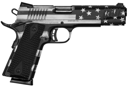 Citadel CITC45FSPUSG M1911 Flag 45 ACP 8+1, 5" Stainless Steel Barrel, American Flag Gray Cerakote Serrated Steel Slide, Frame w/Beavertail, Features Matching Ammo Can, Ambidextrous