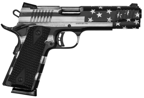 Citadel CITC45FSPUSG M1911 Flag 45 ACP 8+1, 5" Stainless Steel Barrel, American Flag Gray Cerakote Serrated Steel Slide, Frame w/Beavertail, Features Matching Ammo Can, Ambidextrous