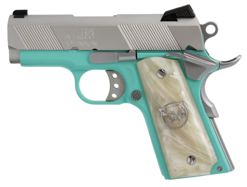 Iver Johnson Arms THRASHERTB9 1911 Thrasher Officer 70 Series 9mm Luger 3.13" 8+1 Tiffany Blue Cerakote Silver Cerakote White Synthetic Pearl Grip