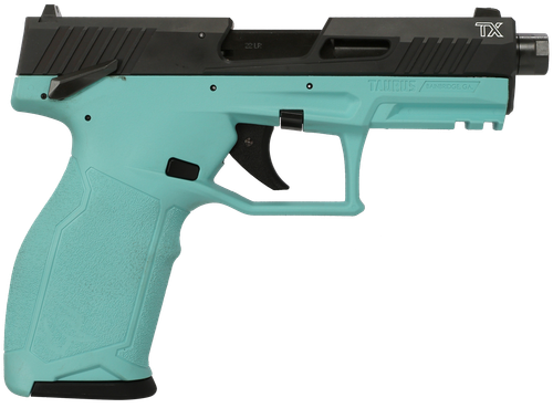Taurus 1-2TX22141C 2TX  Full Size Frame 22 LR 22+1 4.60" Matte Black Threaded Barrel, Black Anodized Serrated Slide, Cyan Polymer Frame w/Picatinny Rail, Textured Grip