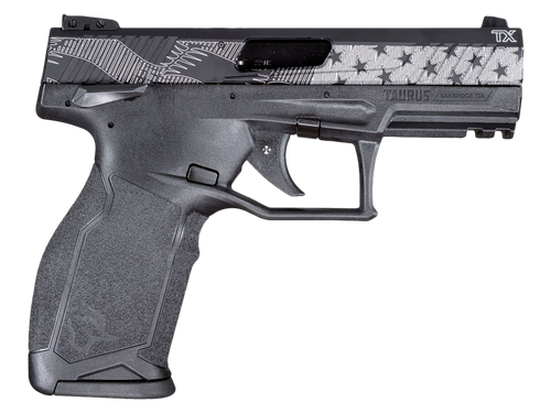 Taurus 1-TX2214110US1 TX22  Full Size Frame 22 LR 10+1 4.10" Matte Black Alloy Steel Barrel, Matte Black w/Stars & Stripes Serrated Slide, Black Polymer Frame w/Picatinny Rail, Textured Grip