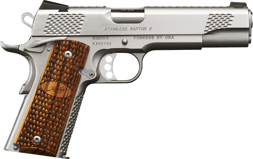 Kimber Mfg, Inc 3200386 Raptor II  10mm Auto 8+1 5" Stainless Match Grade Barrel, Satin Silver Serrated Stainless Steel Slide, Satin Silver Stainless Steel Frame w/Beavertail, Zebrawood Grip