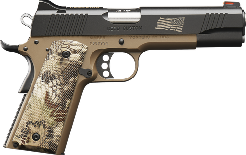 Kimber Mfg.,inc 3200383 Hero Custom II Boot Campaign 45ACP 7+1 5" KimPro II Front Serrations Stainless Steel Slide Desert Tan KimPro II Composite Kryptek Highlander Grip