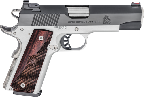 Springfield Armory PX9118L 1911 Ronin 45 ACP 8+1, 4.25" Stainless Match Grade Steel Barrel, Salt Blued Serrated Carbon Steel Slide, Satin Cerakote Aluminum Frame w/Beavertail, Crossed Cannon Wood Grip
