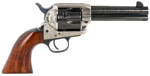 Taylors & Company 550925 1873 Cattleman 45 Colt (LC) Caliber with 4.75" Blued Floral Engraved Finish Barrel, 6rd Capacity Blued Finish Cylinder, Coin Photo Engraved Finish Steel Frame & Walnut Grip
