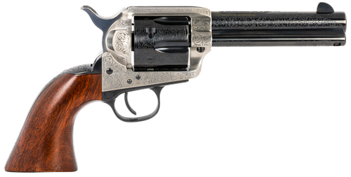 Taylors & Company 550924 1873 Cattleman 357 Mag Caliber with 4.75" Blued Floral Engraved Finish Barrel, 6rd Capacity Blued Finish Cylinder, Coin Photo Engraved Finish Steel Frame & Walnut Grip