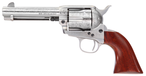 Taylors & Company 550926 1873 Cattleman 45 Colt (LC) Caliber with 4.75" Barrel, 6rd Capacity Cylinder, Overall White Floral Engraved Finish Steel & Walnut Grip