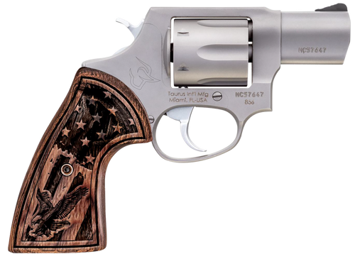 Taurus 285629US1 856  Small Frame 38 Special +P 6rd 2" Matte Stainless Steel Barrel, Cylinder & Frame, Engraved USA Flag Walnut Grip, Transfer Bar Safety