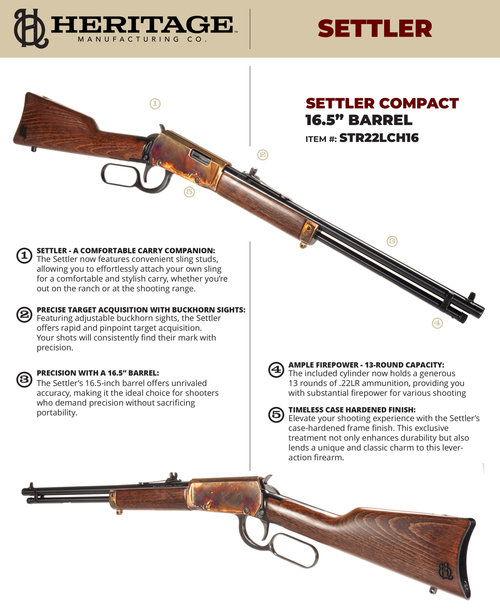 Heritage Mfg STR22LCH16 Settler Compact 22 LR 13+1 16.50" Black Oxide Alloy Steel Barrel, Color Case Hardened Aluminum Receiver ,Walnut Fixed Stock, Right Hand