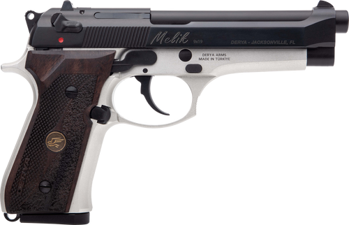 Derya Firearms MELIK9TTTR Melik  9mm 17+1 4.90" Black Melonite Steel Barrel, Black Melonite Serrated Steel Slide, Silver Anodized Aluminum Frame, Dark Walnut Grip