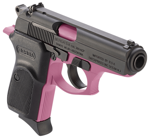Bersa T380PNK8 Thunder  Micro-Compact Frame 380 ACP 8+1 3.50" Pink Cerakote Steel Barrel, Matte Black Serrated Steel Slide, Pink Cerakote Aluminum Frame