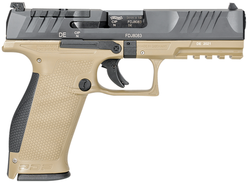 Walther Arms 2858380 PDP  9mm Luger 18+1 4.50" Black Polygonal Rifled Barrel, Black Optic Ready/Serrated Slide, Tan Polymer Frame w/Picatinny Rail, Black Performance Duty Texture Grips, Ambidextrous