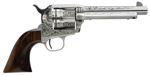 Taylors & Company 550898 1873 Cattleman 45 Colt (LC) Caliber with 5.50" Barrel, 6rd Capacity Cylinder, Overall White Photo Engraved Finish Steel & Walnut Grip