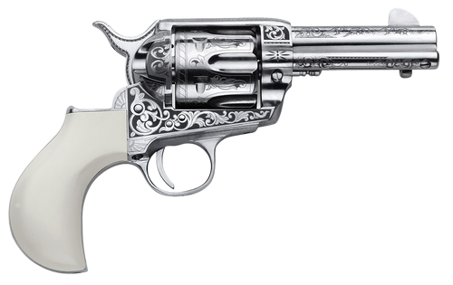 Cimarron PP346HUCKENG Huckleberry  45 Colt (LC) 6 Shot, 3.50" Nickel Engraved Barrel, Cylinder & Frame, Poly-Ivory w/"Huckleberry" Engraved On The Backstrap Grip