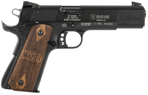 Mauser Rimfire 4110605 1911  22 LR 10+1 5" Black Steel Barrel, Black Aluminum Slide, Black Aluminum Frame w/Beavertail, Walnut Grip, Ambidextrous