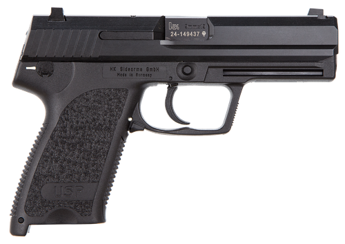HK 81000307 USP V1 SA/DA 9mm Luger Caliber with 4.25" Barrel, 15+1 Capacity, Overall Black Finish, Serrated Trigger Guard Frame, Serrated Steel Slide & Polymer Grip Includes 2 Mags