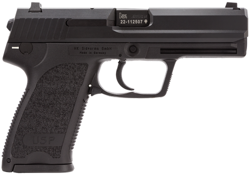 HK 81000318 USP V7 LEM 40 S&W Caliber with 4.25" Barrel, 13+1 Capacity, Overall Black Finish, Serrated Trigger Guard Frame, Serrated Steel Slide &  Polymer Grip Includes 2 Mags