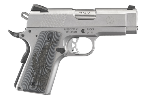 Ruger 6762 SR1911 Officer-Style 45 ACP 7+1 3.60" Stainless Steel Barrel, Serrated Stainless Steel Slide, Low-Glare Stainless Steel Frame w/Beavertail, Checkered Gray G10 Grip