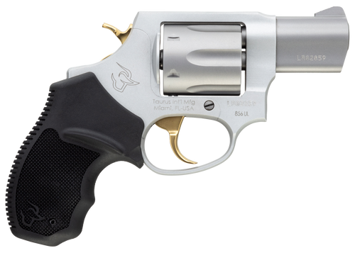 Taurus 2-856029ULGLD 856 Ultra-Lite Small 38 Special 6 Shot 2" Matte Stainless Steel Barrel, Cylinder & Frame, Gold Accents, Black Finger Grooved Rubber Grip, Transfer Bar Safety, Exposed Hammer