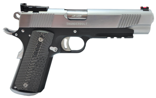 Global Defense GDTBTT455G10 Thunderbolt  45 ACP 8+1 5" Barrel, Matte Black Steel Frame, Matte Chrome Steel Slide w/Front Serrations, Checkered Gray G10 Grip, Manual Safety