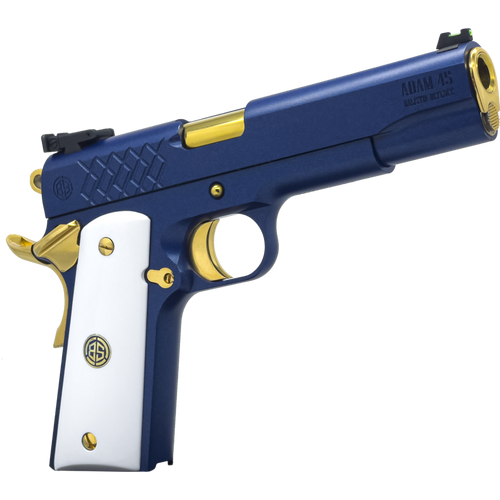 Dickinson LLC DKSN45SM Adam 1911 Sapphire Full Size 45 ACP 8+1 5" Gold Barrel, Blue Sapphire Steel Slide & Frame w/Beavertail White Grip