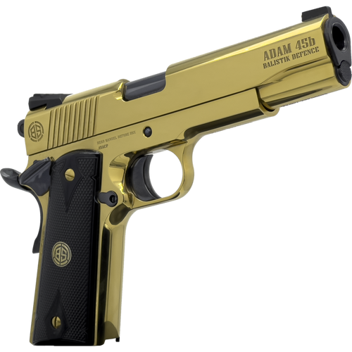 Dickinson LLC DKSN45GB Adam 1911 Golden 45 ACP 8+1 5" Black Barrel, Gold Cerakote Steel B Serrations Slide, Gold Steel Frame w/Beavertail, Black Textured Grip
