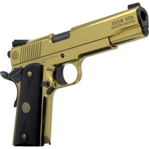 Dickinson LLC DKSN45GB Adam 1911 Golden 45 ACP 8+1 5" Black Barrel, Gold Cerakote Steel B Serrations Slide, Gold Steel Frame w/Beavertail, Black Textured Grip