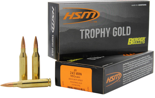 HSM 24395VLD Trophy Gold Extended Range 243 Win 95 gr Berger Hunting VLD Match 20 Per Box/ 25 Case