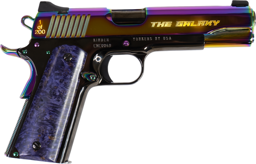 Cnc Firearms CNCGALAXY1911 Kimber 1911 Galaxy 45 ACP 7+1 5" Polished Rainbow PVD Engraved "The Galaxy"/Serrated Slide, Purple Maple Burl Grip