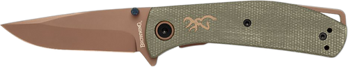 Browning 3220516 Trailside  EDC Small 3" Folding Modified Drop Point Plain Titanium Finish D2 Steel Blade, Green Micarta Handle