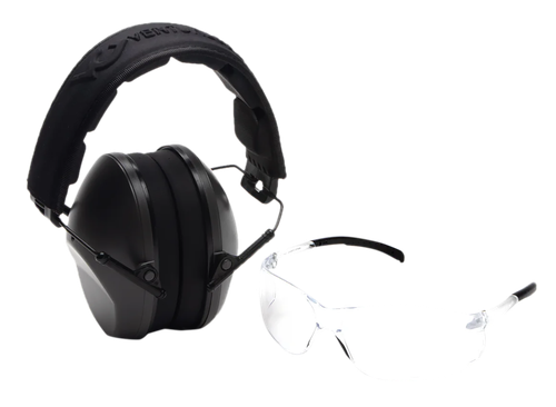 Pyramex VGCOMBO110 Low-Profile Combo Kit  Scratch Resistant Clear Lens & Frame with Rubber Temple Tips Gray Low-Profile Earmuffs