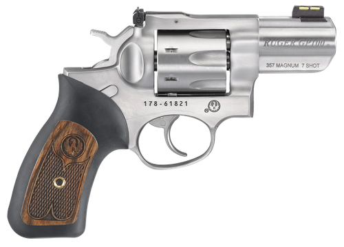 Ruger 1774 GP100  Small Frame 357 Mag 7 Shot, 2.50" Satin Stainless Steel Barrel, Satin Stainless Cylinder, Satin Stainless Steel Frame, Black Rubber w/Wood Insert Grip, Exposed Hammer