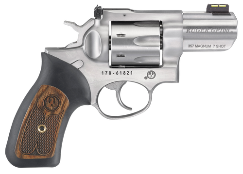 Ruger 1774 GP100  Small Frame 357 Mag 7 Shot, 2.50" Satin Stainless Steel Barrel, Satin Stainless Cylinder, Satin Stainless Steel Frame, Black Rubber w/Wood Insert Grip, Exposed Hammer