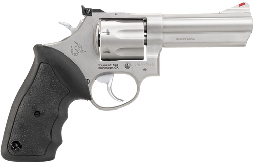 Taurus 2660049 66  38 Special +P/357 Mag 7 Shot 4" Barrel, Overall Matte Stainless Steel, Black Finger Grooved Rubber Grip