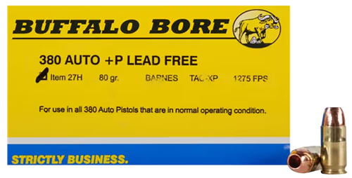 Buffalo Bore Ammunition 27H20 Buffalo-Barnes Strictly Business 380ACP +P 80gr Barnes TAC-XP Lead Free 20 Per Box/12 Case