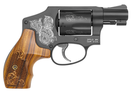 Smith & Wesson 150785 Model 442  38 S&W Spl +P 5 Shot 1.88" Engraved Black Carbon Steel Barrel/Cylinder, Engraved Black Aluminum J-Frame, Engraved Wood Grip, Mahogany Presentation Case