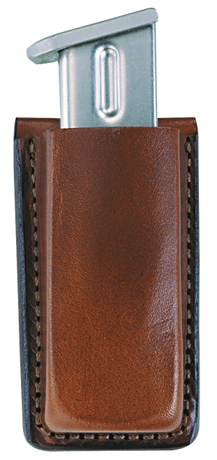 Bianchi 10734 Open Top Mag Pouch  Single Tan Leather Belt Clip Compatible w/ 9mm/10mm/40/45 Belts 1.75" Wide