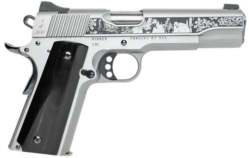 Cnc Firearms CNCWESTSPIRIT Kimber 1911 Western Spirit 45 ACP 7+1 5" Stainless Steel Barrel, Serrated w/Engraved Scrollwork Slide, Black Buffalo Horn Grip