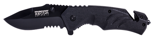 Humvee Adventure Gear HMVKTR15 Tactical Recon  3" Folding Drop Point Part Serrated Black Stainless Steel Blade/Black Textured Features Glass Breaker/Seat Belt Cutter Includes Pocket Clip