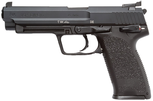 HK 81000365 USP Expert V1 SA/DA 45 ACP Caliber with 5.19" Barrel, 10+1 Capacity, Overall Black Finish, Serrated Trigger Guard Frame, Serrated Long Steel Slide & Polymer Grip Includes 2 Mags
