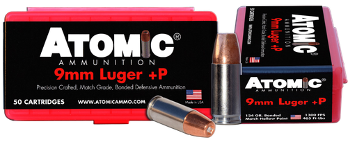 Atomic Ammunition 00409 Pistol Precision Craft 9mmLuger +P 124gr Bonded Match Hollow Point 50 Per Box/10 Case