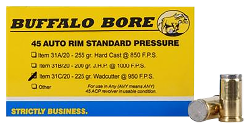 Buffalo Bore Ammunition 31C20 Standard Pressure Strictly Business 45Auto Rim 225gr Wadcutter 20 Per Box/12 Case