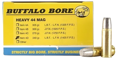 Buffalo Bore Ammunition 4D20 Heavy Strictly Business 44Rem Mag +P+ 340gr Lead Flat Nose 20 Per Box/12 Case