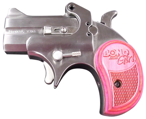 Bond Arms BAM Mini Girl 357 Mag/38 Sp 2rd 2.50" Stainless Steel Double Barrel & Frame, Auto Extractor & Rebounding Hammer, Blade Front/Fixed Rear Sights, Pink Laminate Grip, Manual Safety